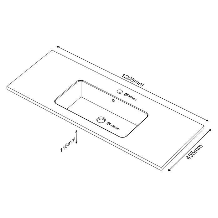 Lavabo doble Zeppelin - 120,5 x 45,5 cm, Orificios para grifo: Medio, Nut - La imagen muestra una encimera con un hueco rectangular para un lavabo. Las dimensiones son 1205mm x 455mm.