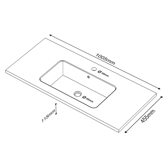 Lavabo Zeppelin - 100,5 x 45,5 cm, Orificios para grifo: Medio, Con desbordamiento, Rosa california - Representación esquemática de un lavabo de encimera moderno con un lavabo rectangular, que mide 1005 mm de largo y 455 mm de ancho.