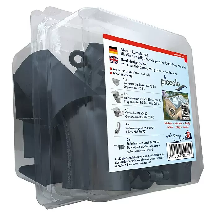 Sarei Piccolo Ablauf-Set - Nennweite: 80 mm, Aluminium, Anthrazit, Rund - Ablauf-Komplettset aus Alu-Natur für Dachrinnen bis 6m, in transparenter Kunststoffverpackung.