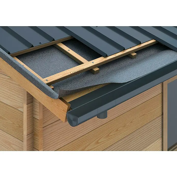 Sarei Piccolo Ablauf-Set - Nennweite: 80 mm, Aluminium, Anthrazit, Rund - Dachrinnen-System mit Metalldach und Holzkonstruktion. Das System umfasst Rinnen, Fallrohre und Befestigungsmaterialien für eine effiziente Entwässerung.