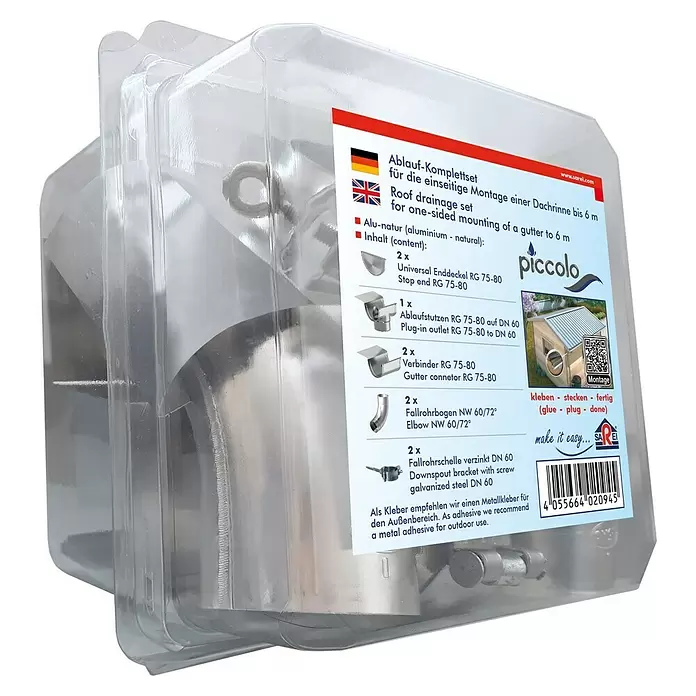 Sarei Piccolo Ablauf-Set - Nennweite: 80 mm, Aluminium, Silber, Rund - Aluminium-Dachentwässerungs-Komplettset für einseitige Dachrinnenmontage bis 6m, in einer transparenten Blisterverpackung.