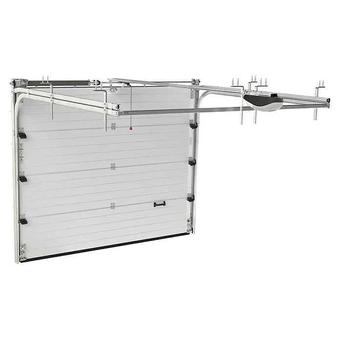 Solid Elements Garagentor Solid Pro - B x H: 2.500 x 2.125 mm, Verkehrsweiß, Glatt - Nahaufnahme eines weißen Sektionaltors mit modernem Antriebssystem, das für Garagen konzipiert ist.