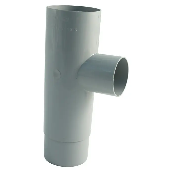 Marley Fallrohrabzweig - Nennweite Zubehör Dachrinnen: 75/53 mm, Winkel: 87 °, Kunststoff, Grau - Grauer PVC-T-Verbinder, ideal für Sanitärinstallationen, mit glatten Oberflächen und präzisen Verbindungsstellen für zuverlässige Rohrleitungen.