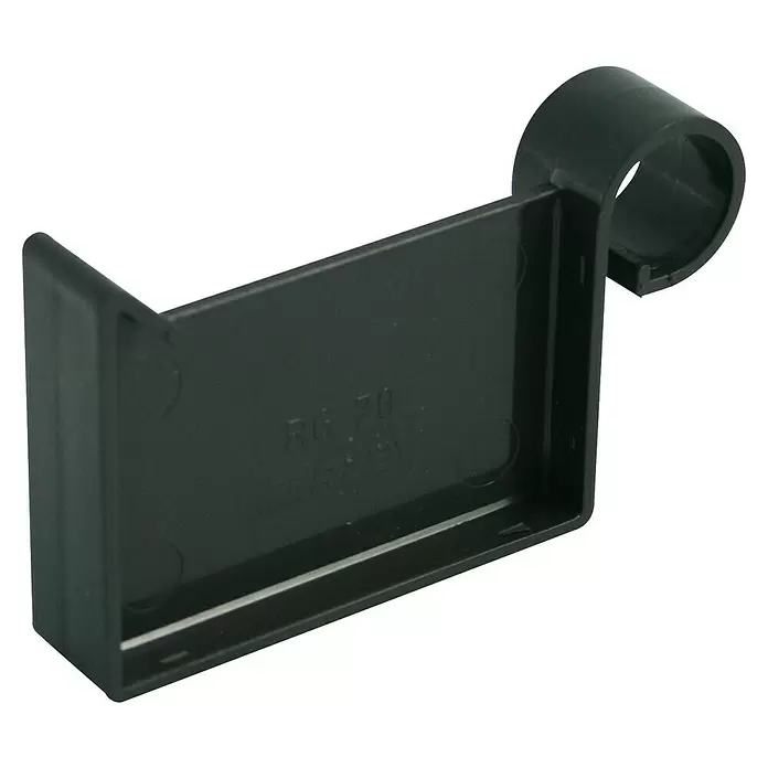 Marley Kastenrinnenendstück - Nennweite: 70 mm, Kunststoff, Anthrazit - Schwarzer Kunststoff-Rinnenhalter mit Haken, Beschriftung RG 70 MARLEY.