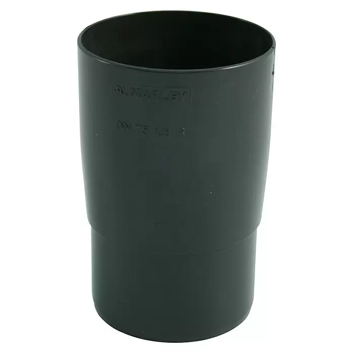 Marley Fallrohrmuffe - Nennweite: 105 mm, Kunststoff, Anthrazit - Dunkelgraue PVC-Rohrmuffe, geprägt mit 'MARLEY' und 'DN 75 1.5 R'.