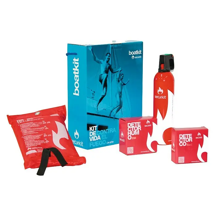 Kit de protección contra incendios Securikit Boatkit - Apto para: Incendios incipientes - La imagen muestra un kit de barco con varios elementos de seguridad, incluyendo un extintor, detectores de humo y una manta de supervivencia.