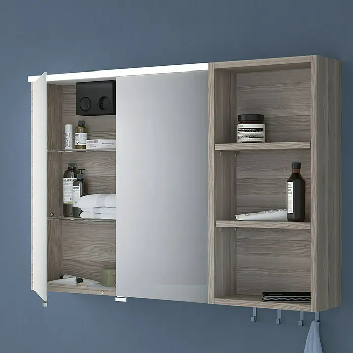 Camargue Cube Regal - 30 x 16 x 62 cm, Eiche Cordoba - Ein stilvoller Badezimmerschrank in Holzoptik mit Spiegel und offenen Regalen bietet praktischen Stauraum.