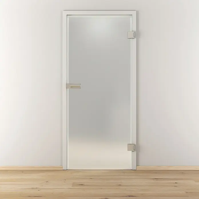 Diamond Doors Glasdrehtür Luminato - 834 x 1.972 mm, DIN Rechts, Einscheibensicherheitsglas (ESG) - Elegante Ganzglastür mit satiniertem Glas und modernem Beschlag. Die Tür fügt sich nahtlos in das minimalistische Raumdesign ein und sorgt für Privatsphäre.
