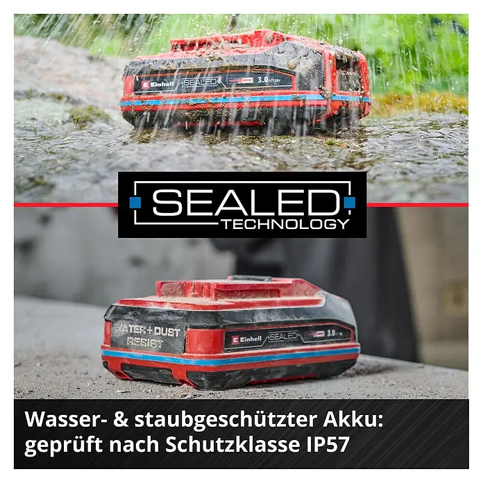 Einhell Power X-Change 18V Akku SEALED PXC Plus A2 - 18 V, 3 Ah - Das Bild zeigt einen wasser- und staubgeschützten Einhell Akku. Der Akku ist IP57-geprüft und somit optimal für den Einsatz im Freien geeignet.