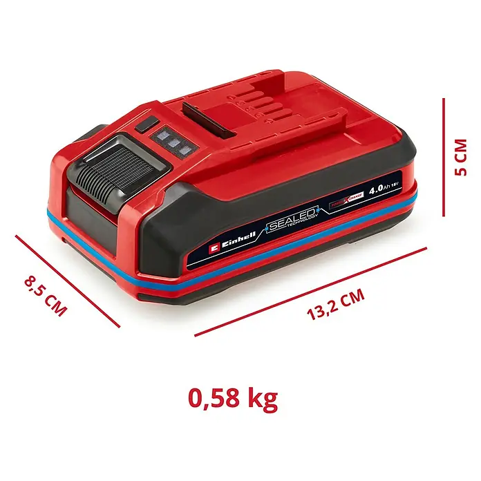 Einhell Professional Power X-Change 18V Akku SEALED PXC Plus A1 - 18 V, 4 Ah - Einhell Power X-Change 18V 4.0Ah Akku, rot und schwarz, mit Größenangaben. Ideal für Werkzeuge und Gartengeräte.