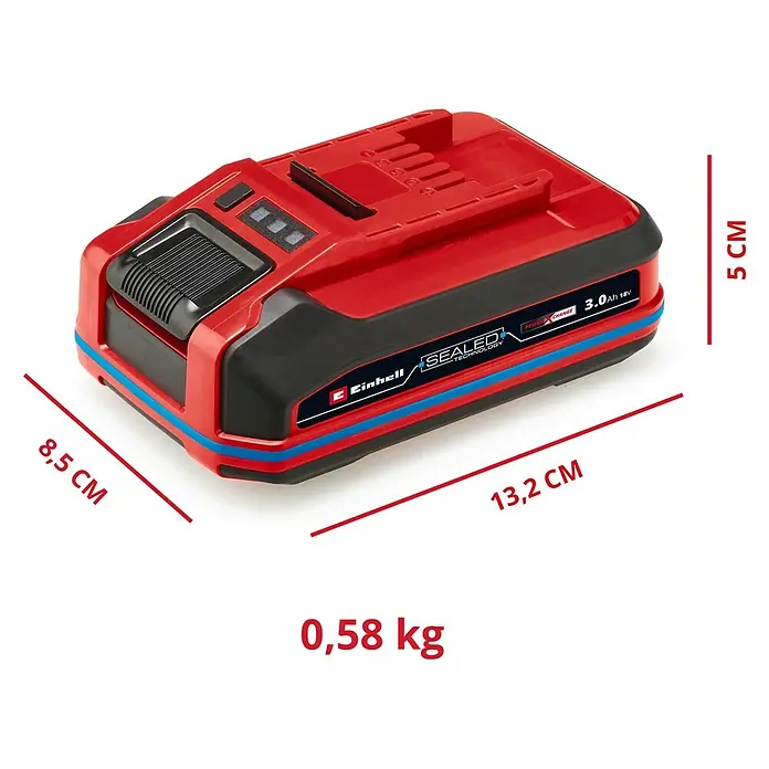 Einhell Power X-Change 18V Akku SEALED PXC Plus A2 - 18 V, 3 Ah - Abbildung einer Einhell 3.0 Ah 18V Power X-Change Batterie mit den Abmessungen 8,5 cm x 13,2 cm x 5 cm und einem Gewicht von 0,58 kg.