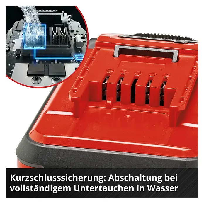 Einhell Professional Power X-Change 18V Akku SEALED PXC Plus A1 - 18 V, 4 Ah - Produktabbildung einer roten Batterie mit Kurzschlusssicherung und Abschaltung bei Untertauchen in Wasser.