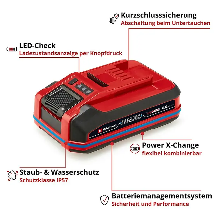 Einhell Professional Power X-Change 18V Akku SEALED PXC Plus A1 - 18 V, 4 Ah - Akku Power X-Change, flexibel einsetzbar, mit LED-Check, Staub- und Wasserschutz IP57 sowie Batteriemanagementsystem für Sicherheit.