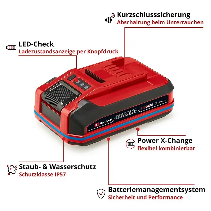 Einhell Power X-Change 18V Akku SEALED PXC Plus A2 - 18 V, 3 Ah - Abbildung einer Einhell Power X-Change Batterie mit LED-Check, Staub- & Wasserschutz, Kurzschlusssicherung und Batteriemanagementsystem.