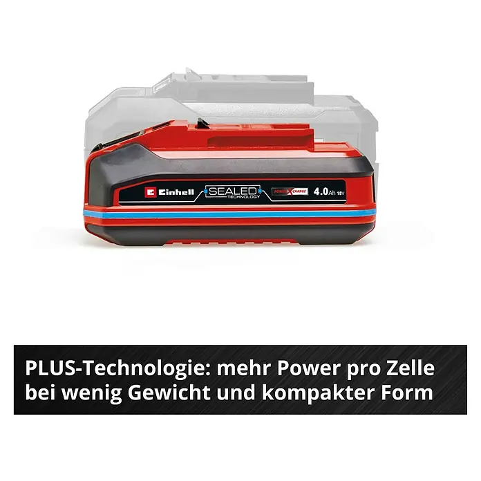 Einhell Professional Power X-Change 18V Akku SEALED PXC Plus A1 - 18 V, 4 Ah - Nahaufnahme des Einhell 4.0Ah 18V Akkus mit der Aufschrift "PLUS-Technologie: mehr Power pro Zelle bei wenig Gewicht".