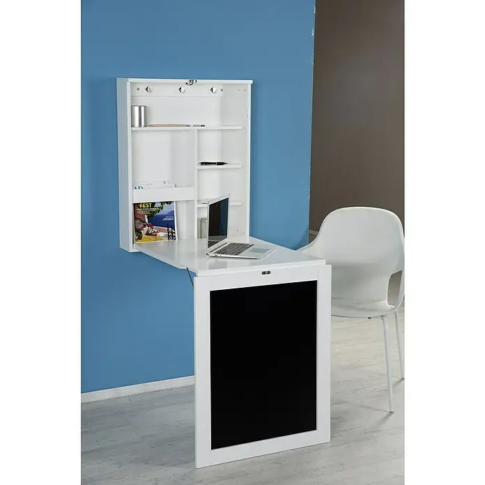 Phönix Wandschreibtisch York - L x B x H: 60 x 75,5 x 149 cm, Weiß/Schwarz - Wandmontierter Schreibtisch mit Tafel. Der weiße Schreibtisch mit Stauraum und Laptop bietet eine funktionale Arbeitsfläche.