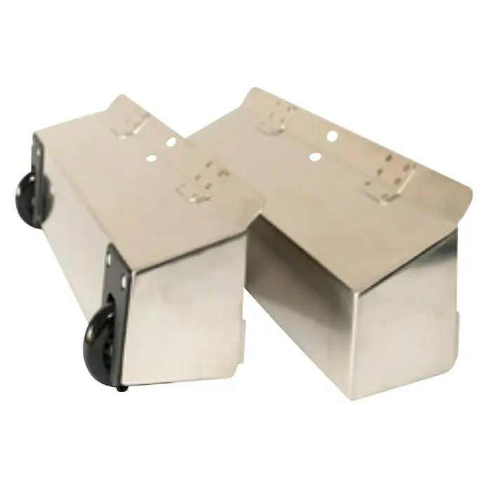 Arcora Bürstmaschine Aniko 350 - 600 W - Zwei Edelstahl-Behälter mit Rollen. Ideal für industrielle Anwendungen, bieten sie robuste Mobilität und Langlebigkeit.