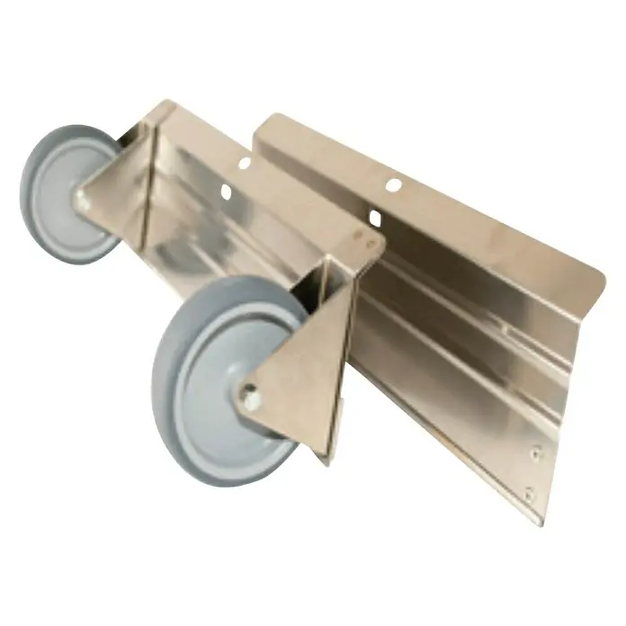 Arcora Bürstmaschine Aniko 350 - 600 W - Detailaufnahme einer Metallschublade mit grauen Rädern, die ihre Mobilität und Funktionalität hervorhebt.