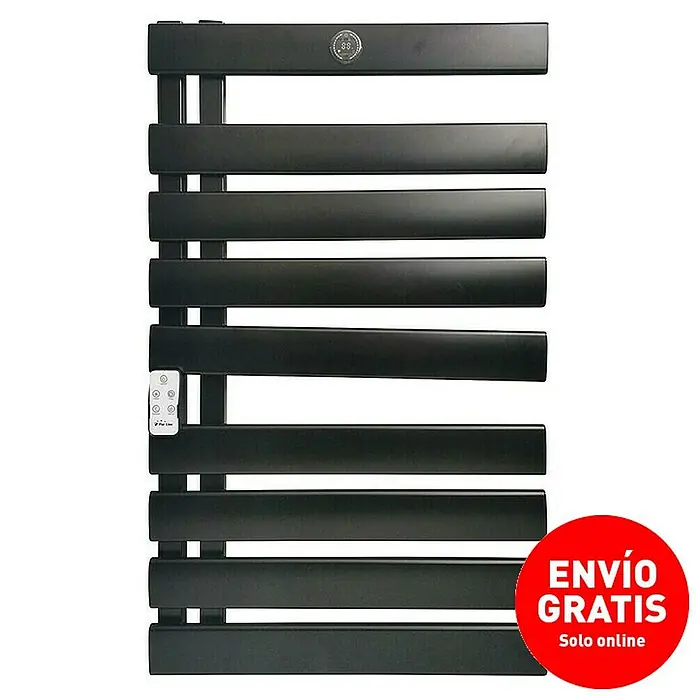 Purline Radiador toallero eléctrico NTW-15 Wifi - An x Al: 55 x 91 cm, 500 W, Negro - Toallero calefactable negro con barras horizontales para baño o lavadero. Ideal para mantener toallas y ropa calientes y secas.