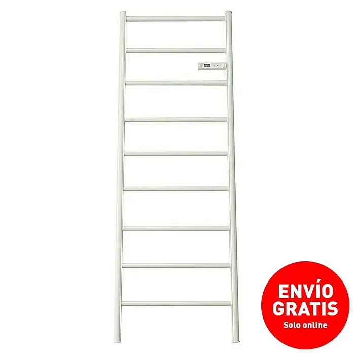 Purline Radiador toallero eléctrico NTW Stair - An x Al: 54 x 150 cm, 300 W, Blanco - Imagen de un toallero eléctrico blanco con diseño de escalera y pantalla digital. Perfecto para baños.