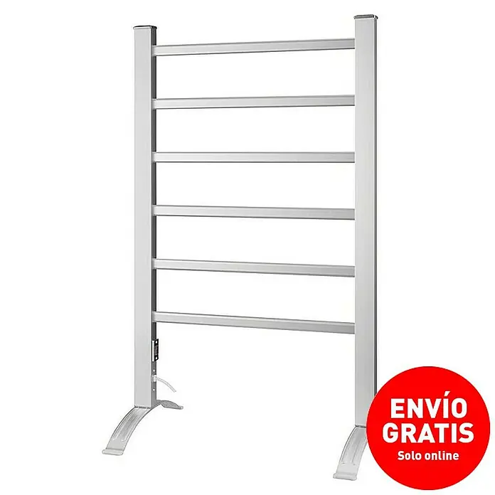 Purline Radiador toallero eléctrico NTW-05 - An x Al: 53 x 90 cm, 100 W, Plata - Un toallero calefactor plateado de pie con seis barras y una pegatina roja de "Envío gratis".
