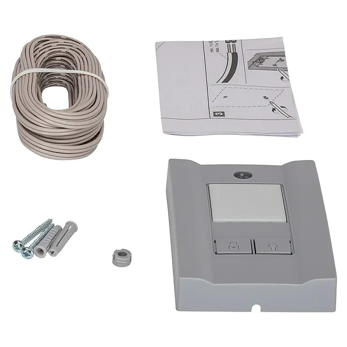 Hörmann EcoStar Garagentorantrieb Liftronic 800 II - Torfläche: 0 m² - 13,75 m², Zugkraft: 800 N - Ein graues Wandschalter-Set mit Kabel, Schrauben, Dübel und einer Bedienungsanleitung, ideal für einfache Installation und Bedienung.