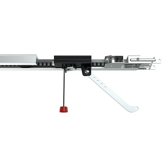 Hörmann EcoStar Garagentorantrieb Liftronic 700 II - Torfläche: 0 m² - 11,25 m², Zugkraft: 700 N - Detailaufnahme eines Garagentoröffners mit rotem Notentriegelungsgriff und silbernem Entriegelungsarm.