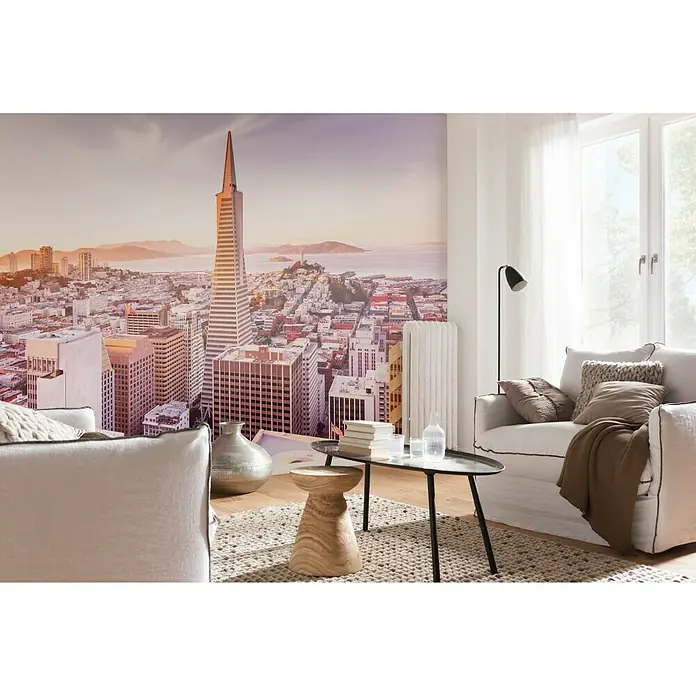 Komar Fototapete San Francisco Morning - 8 -tlg., B x H: 368 x 254 cm, Papier - Wandtapete mit Blick auf San Francisco. Eine beeindruckende Dekoration für Wohnzimmer oder Büro, die einen Hauch von urbaner Eleganz verleiht.