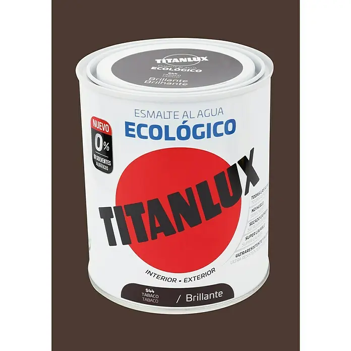 Titanlux Esmalte de color Eco - Tabaco, Brillante, 750 ml, Base de agua - Bote de pintura esmalte al agua Titanlux, color tabaco. Ecológico para interior/exterior, brillante y resistente.