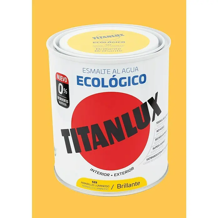 Titanlux Esmalte de color Eco - Amarillo luminoso, Brillante, 750 ml, Base de agua - Bote de esmalte al agua Titanlux, ecológico y brillante, para interiores y exteriores.