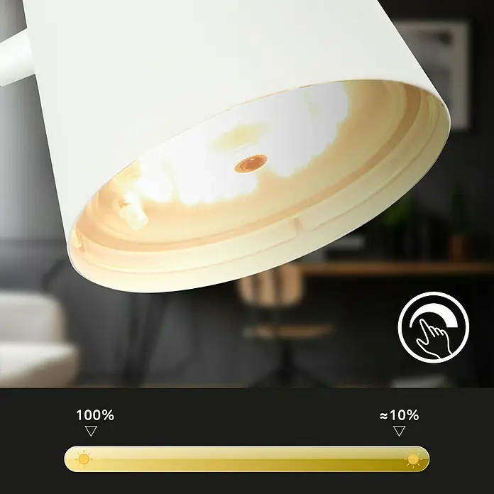 Brilo Akku-Tischleuchte Biwo - 5,5 W, L x B x H: 23 x 13 x 38,5 cm, Weiß, Warmweiß - Nahaufnahme einer weißen Lampe mit Dimmfunktion, die von 100 % auf etwa 10 % Helligkeit reduziert werden kann.