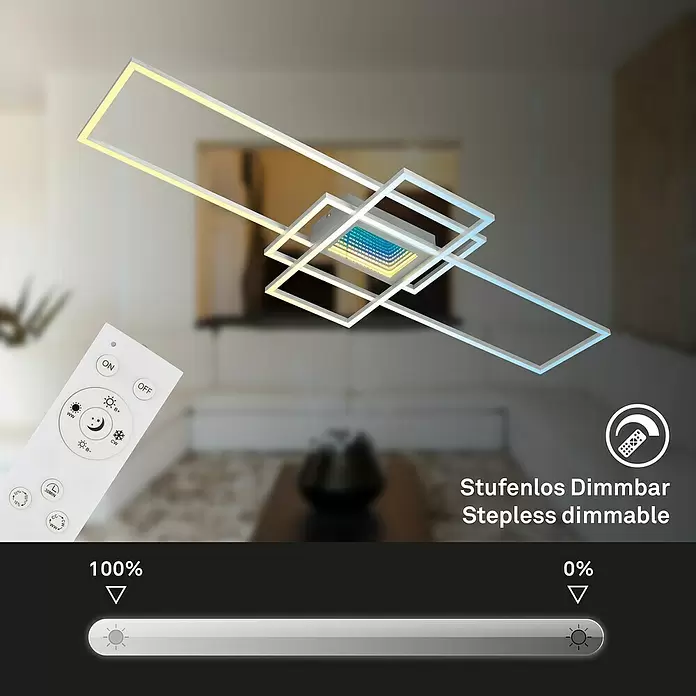 Brilo LED-Deckenleuchte - 57 W, L x B x H: 111 x 42 x 6,5 cm, Alu-Chrom, Warmweiß - Moderne geometrische LED-Deckenleuchte mit zentralem Infinity-Spiegeleffekt, Fernbedienung und stufenloser Dimmung in einem Wohnzimmer.
