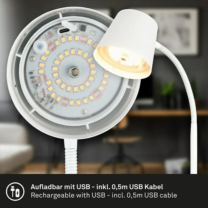 Brilo Akku-Tischleuchte Biwo - 5,5 W, L x B x H: 23 x 13 x 38,5 cm, Weiß, Warmweiß - Nahaufnahme einer weißen LED-Schreibtischlampe, die über USB aufladbar ist und ein 0,5 m langes USB-Kabel enthält.
