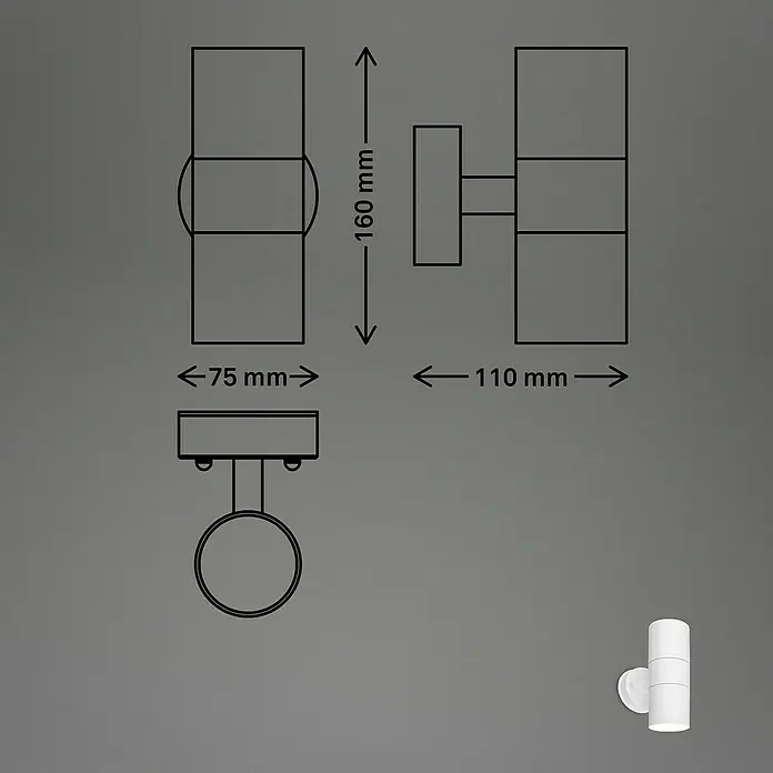 Brilo Außenwandleuchte - 7 W, Weiß matt, IP54 - Schema der Wandleuchte mit Maßen 160 mm Höhe und 110 mm bzw. 75 mm Tiefe.