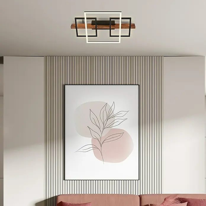 Briloner LED-Deckenleuchte Frame Cadre - 32 W, L x B x H: 55 x 30 x 8 cm, Schwarz, Holz, Warmweiß - Moderne Deckenleuchte mit quadratischen, schwarzen Akzenten und warmen Holzelementen. Elegantes Design für stilvolle Innenräume.