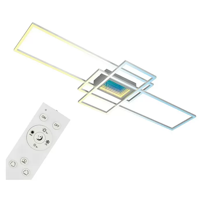 Brilo LED-Deckenleuchte - 57 W, L x B x H: 111 x 42 x 6,5 cm, Alu-Chrom, Warmweiß - Moderne weiße LED-Deckenleuchte mit geometrischen Rahmen, Infinity-Spiegel-Effekt und Fernbedienung.