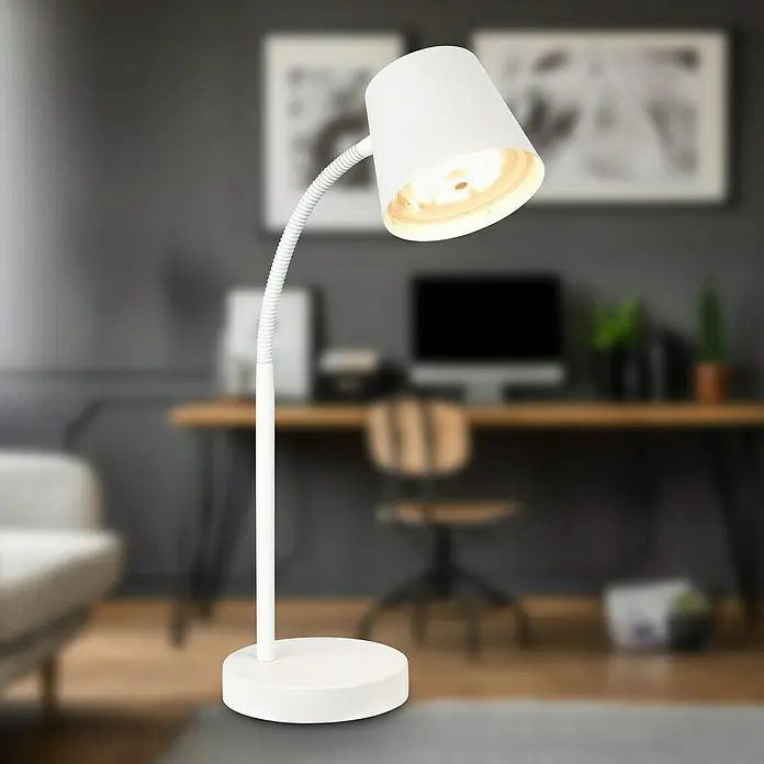 Brilo Akku-Tischleuchte Biwo - 5,5 W, L x B x H: 23 x 13 x 38,5 cm, Weiß, Warmweiß - Schreibtischlampe in Weiß mit flexiblem Arm. Ideal für Arbeitszimmer oder Büro mit neutralem Hintergrund.