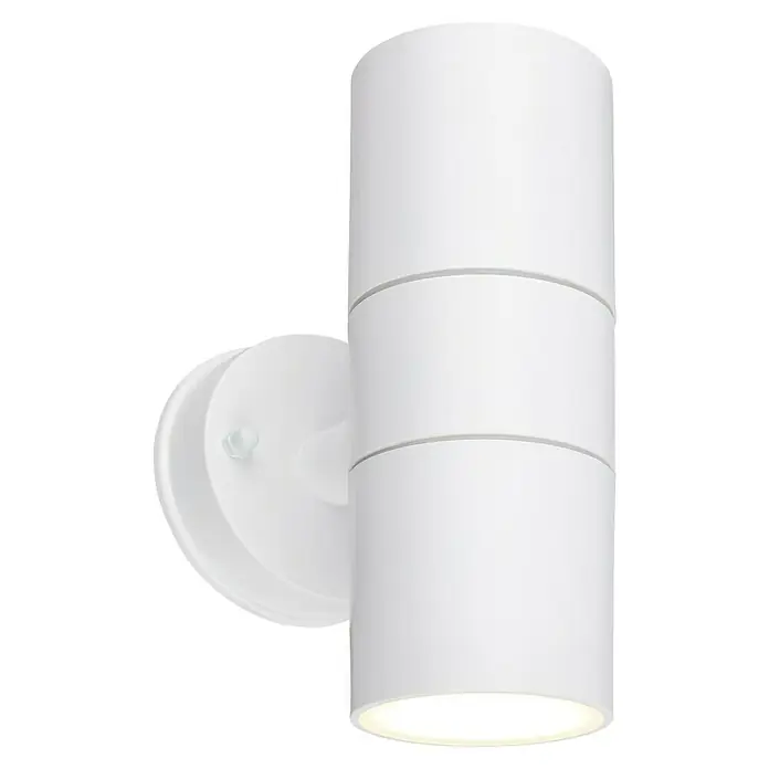 Brilo Außenwandleuchte - 7 W, Weiß matt, IP54 - Nahaufnahme einer modernen weißen Wandleuchte mit zylindrischem Design und subtilen grauen Akzenten.