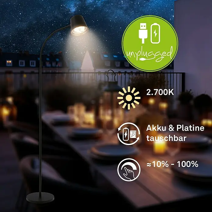 Brilo Akku-Stehleuchte Cielo - Warmweiß, 5,5 W, IP20 - Stimmungsvolle kabellose Stehlampe für den Außenbereich. Akku- und Platinenwechsel möglich und dimmbar von ca. 10 % - 100 %.