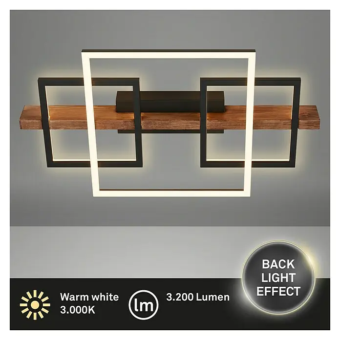 Briloner LED-Deckenleuchte Frame Cadre - 32 W, L x B x H: 55 x 30 x 8 cm, Schwarz, Holz, Warmweiß - Elegante LED-Deckenleuchte mit Holzdetail und quadratischem Design. Warmweißes Licht und Backlight-Effekt für eine stimmungsvolle Beleuchtung.