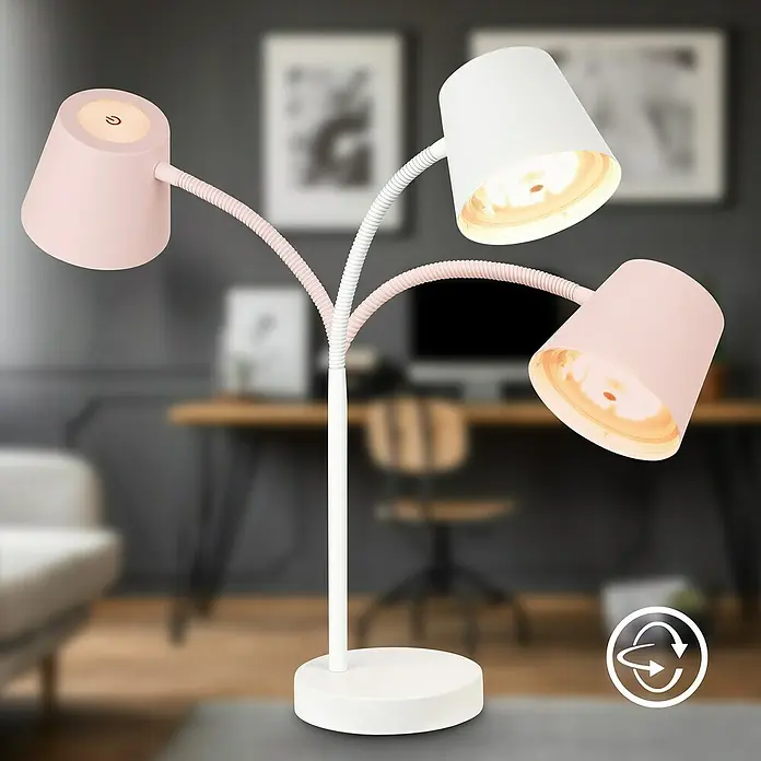 Brilo Akku-Tischleuchte Biwo - 5,5 W, L x B x H: 23 x 13 x 38,5 cm, Weiß, Warmweiß - Eine moderne Stehlampe mit drei flexiblen Armen in Rosa und Weiß, die ein warmes Licht spendet. Ideal für Wohn- und Arbeitsbereiche.