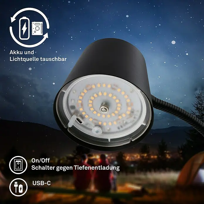 Brilo Akku-Stehleuchte Cielo - Warmweiß, 5,5 W, IP20 - Produktansicht: Austauschbarer Akku und Lichtquelle mit USB-C Anschluss und Ein/Ausschalter zum Schutz vor Tiefenentladung.