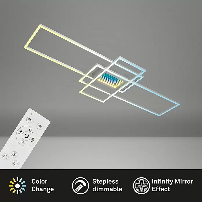 Brilo LED-Deckenleuchte - 57 W, L x B x H: 111 x 42 x 6,5 cm, Alu-Chrom, Warmweiß - Moderne weiße LED-Deckenleuchte mit geometrischen Rahmen, Farbwechsel, Dimmfunktion und Unendlichkeitsspiegel-Effekt, mit Fernbedienung.