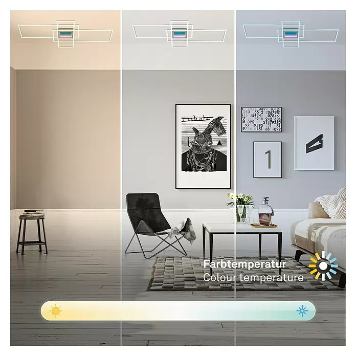 Brilo LED-Deckenleuchte - 57 W, L x B x H: 111 x 42 x 6,5 cm, Alu-Chrom, Warmweiß - Moderne rechteckige Deckenleuchte mit verstellbarer Farbtemperatur (warm- bis kaltweiß) und zentralem RGB-Element.