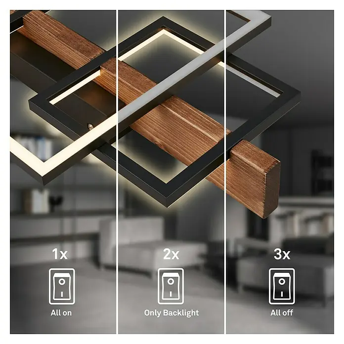 Briloner LED-Deckenleuchte Frame Cadre - 32 W, L x B x H: 55 x 30 x 8 cm, Schwarz, Holz, Warmweiß - Moderne Deckenleuchte mit Holzdetails und quadratischem Design. Die Helligkeit der Lampe kann in drei Stufen eingestellt werden, wie auf dem Bild gezeigt.
