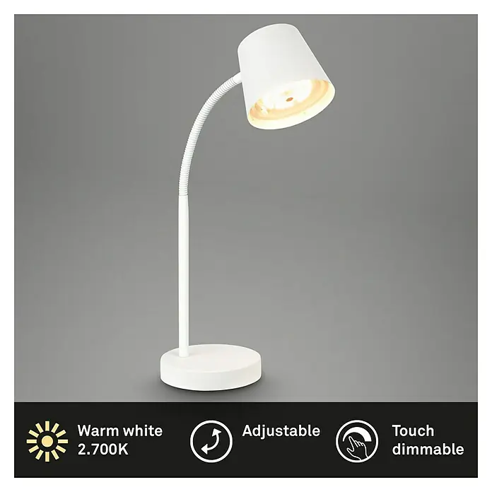Brilo Akku-Tischleuchte Biwo - 5,5 W, L x B x H: 23 x 13 x 38,5 cm, Weiß, Warmweiß - Eine moderne, justierbare, dimmbare Tischleuchte in Weiß mit warmweißem Licht (2.700K) für den Schreibtisch oder Nachttisch.