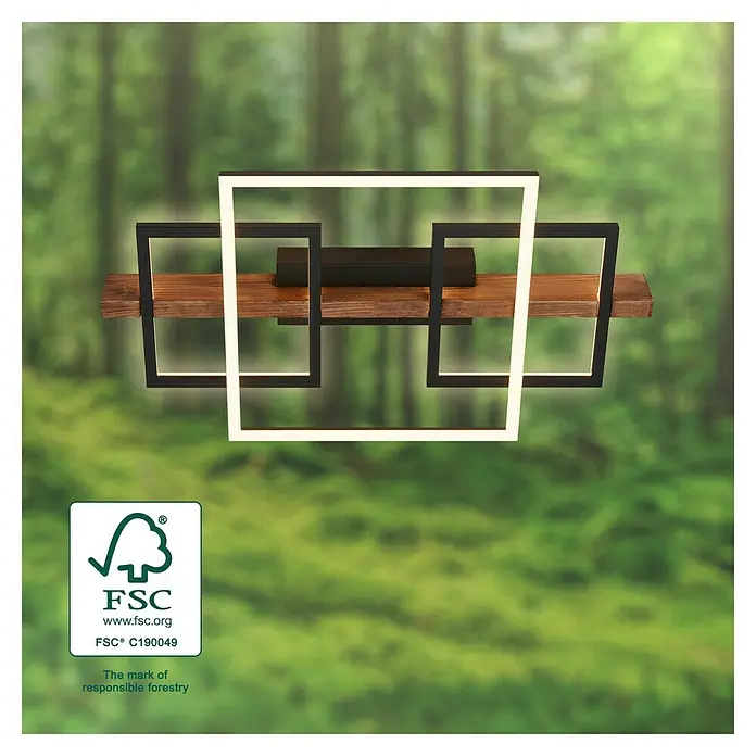 Briloner LED-Deckenleuchte Frame Cadre - 32 W, L x B x H: 55 x 30 x 8 cm, Schwarz, Holz, Warmweiß - Quadratische LED-Wandleuchte mit Holz und schwarzem Rahmen vor grünem Hintergrund.
