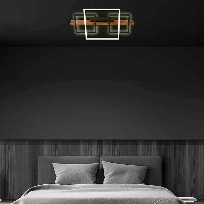 Briloner LED-Deckenleuchte Frame Cadre - 32 W, L x B x H: 55 x 30 x 8 cm, Schwarz, Holz, Warmweiß - Moderne Deckenleuchte mit quadratischem Design und Holzdetails für eine stilvolle Beleuchtung im Raum.