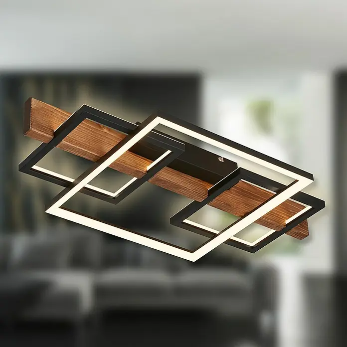 Briloner LED-Deckenleuchte Frame Cadre - 32 W, L x B x H: 55 x 30 x 8 cm, Schwarz, Holz, Warmweiß - Moderne Deckenleuchte mit Holzdetails und quadratischem Design, die jedem Raum einen Hauch von Eleganz verleiht. Stilvolle Beleuchtungslösung.