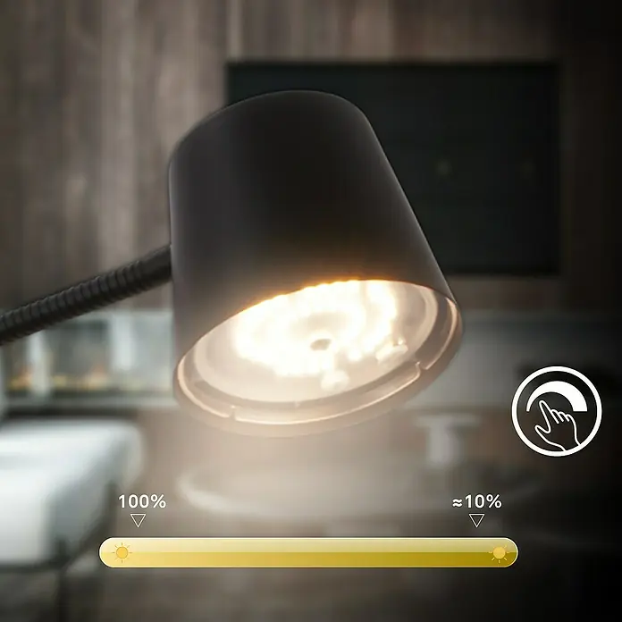 Brilo Akku-Stehleuchte Cielo - Warmweiß, 5,5 W, IP20 - Nahaufnahme einer dimmbaren Schreibtischlampe mit einstellbarer Helligkeit von 100 % bis 10 %.